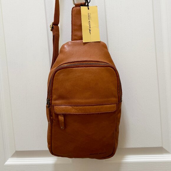 Marta Ponti Of Portugal Soft Washed Leather Sling Backpack Cognac Brown Bag NEW - Picture 16 of 16